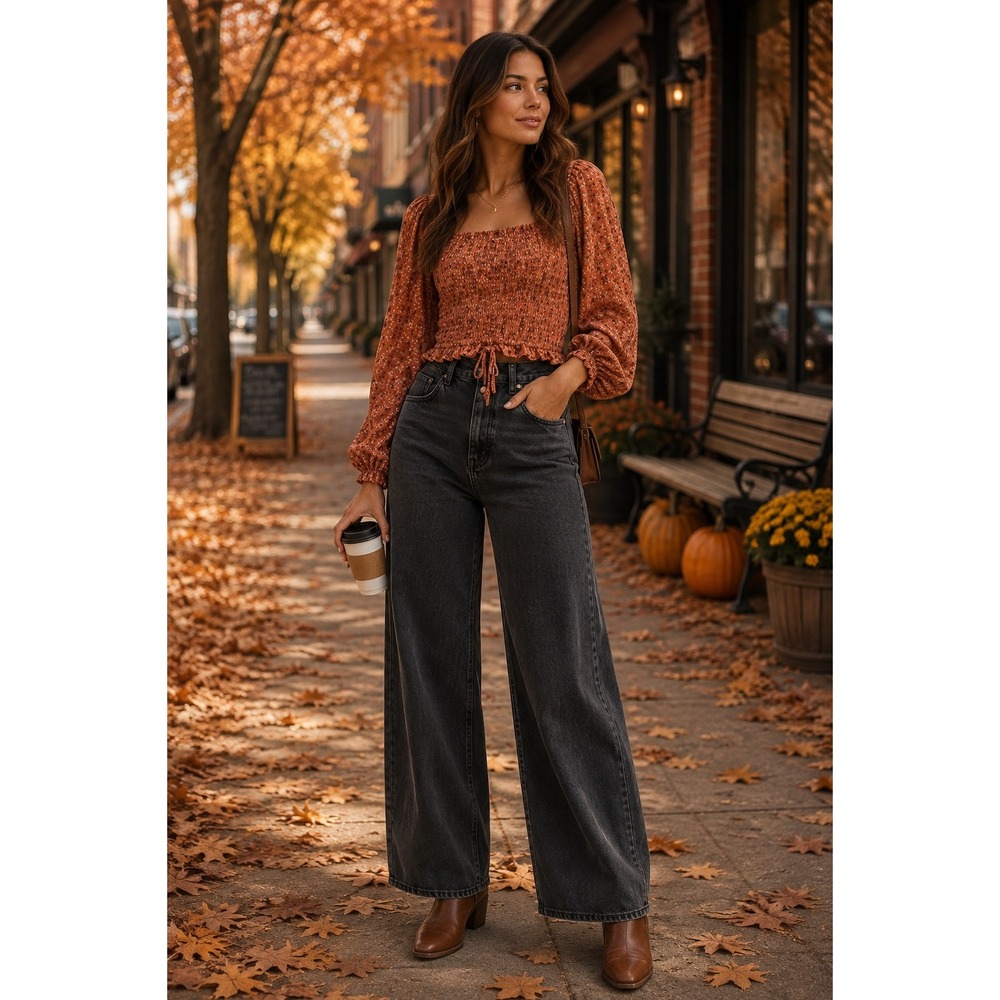 Everyday Chic Boutique Rust Floral Smocked Crop Top Long Balloon Sleeve Medium